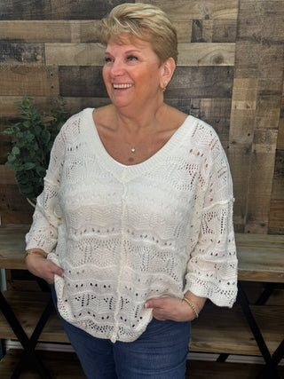 POL IVORY Crochet Short Sleeve Scalloped Edge Top