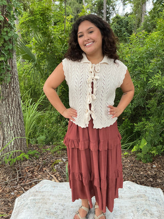 Doe & Rae Pointelle Scallop Trim Tie Front Vest Top