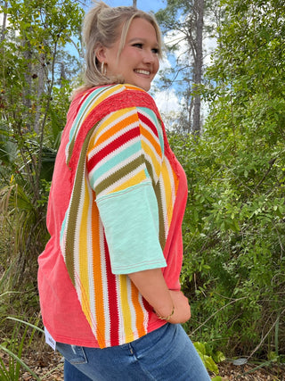 Alternate view of Easel RED Mineral Wash 3/4 Slv Multi Stripe Top
