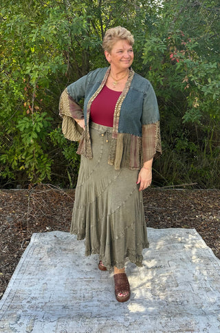 Young Threads Bell Slv Patchwork Denim Kimono Shrug