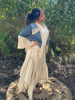 Alternate view of Young Threads Ivory Latte Boho Mixed Panel Drawstring Handkerchief Skirt
