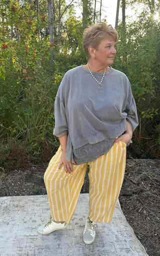 Blue Velvet Faded Navy Round Neck Mixed Fabric Hem Top