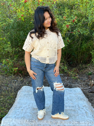 Anniewear Natural Crochet Short Slv Cardigan Top