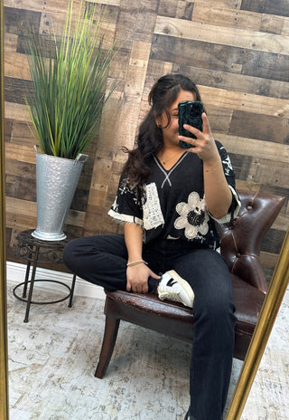 POL Black Ribbed Ivory Crochet Detail Hoodie Top