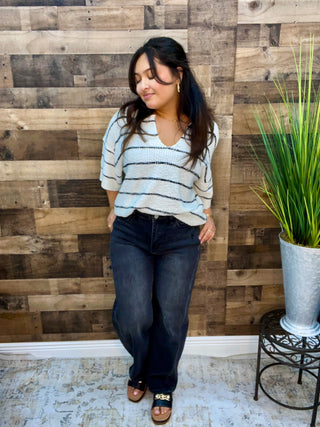 Sew In Love Cream & Black Stripe Short Sleeve Oversized Sweater Top