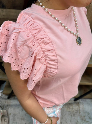 Alternate view of Easel Blush Eyelet Flutter Sleeve Top

