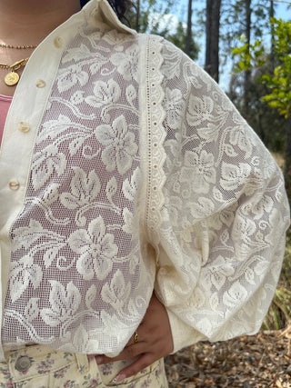 Alternate view of Ivory Lace Eyelet Accent Long Slv Blouse Top
