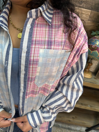 Alternate view of Like Love Blue & Pink Button Down Plaid Stripe Mix Top
