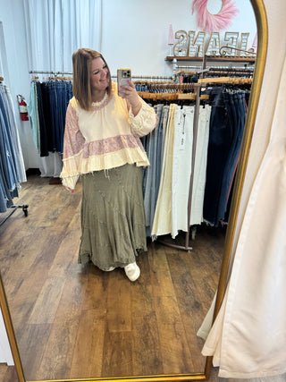 POL Cream & Pink Floral Tiered Long Slv Top