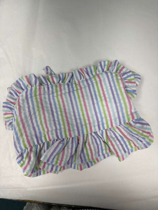 Colorful Girls Multi Seersucker 2pc Swimsuit with ruffled top and striped bottoms, perfect for fun beach days and pool parties.