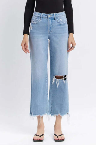 Lovervet T6509 Lt Wash High Waist Crop Distressed Knee Jeans: trendy, stylish denim offering comfort and a chic look.