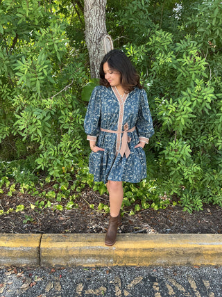 Entro Blue Floral Taupe Accent Belted Dress