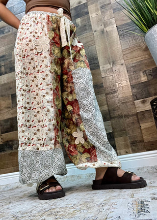 POL Dusty Red & Green Floral  Patchwork Jogger w/ Crochet Detail