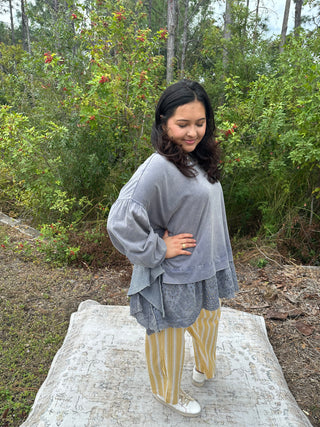 Blue Velvet Faded Navy Round Neck Mixed Fabric Hem Top