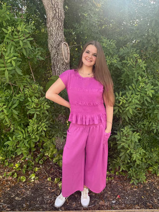 Davi & Dani Ruched ORCHID PURPLE Ruffle Pant & Short Sleeve Top Set