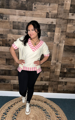 Bibi Ivory Top w/ Pink Stripe Contrast Trim Oversized