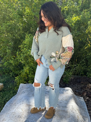 Davi & Dani Seafoam Waffle Knit Patchwork Hoodie Top