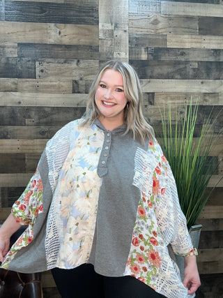 POL Heather Gray Half Placket Mixed Fabric Boxy Top Oversized