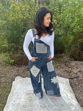 POL Denim Crochet Patchwork Wide Leg Overalls