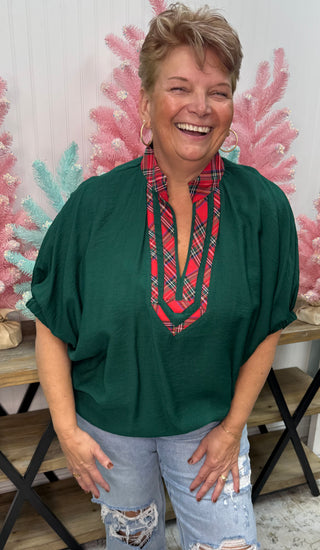 Entro Green Dolman Top w/ Plaid Detail