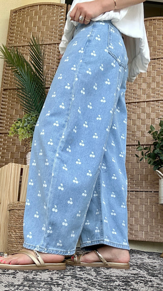 Peach Love Cherry Print Washed Denim Gypsy Fit Pants
