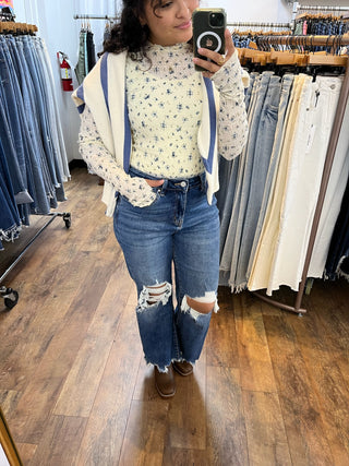 In Feb Cream & Blue Stripe Dolman Slub Sweater Top