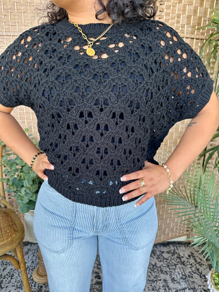 Black open weave short-sleeve sweater top with crochet pattern and cutout details.
