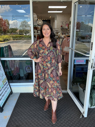 Umgee Brown Mix Floral Collared Midi Dress