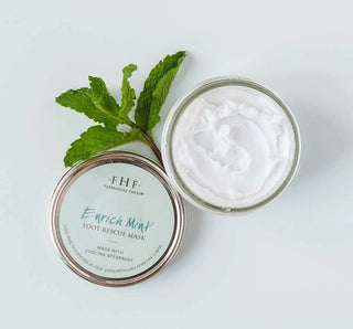 FHF - Enrich Mint® Foot Rescue Mask in a jar, featuring natural ingredients for revitalizing and soothing tired feet.