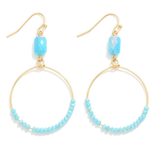 Aqua blue stone wire hoop drop earrings with intricate details and elegant design, perfect for enhancing any outfit.