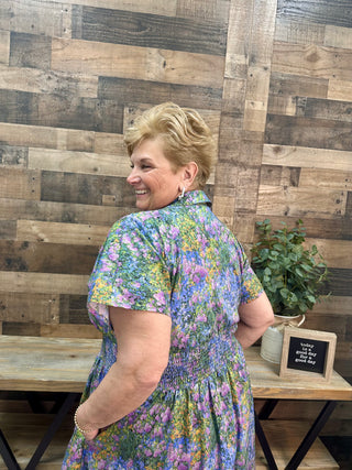 Entro Periwinkle Bloom Elastic Waist Zip Midi Dress