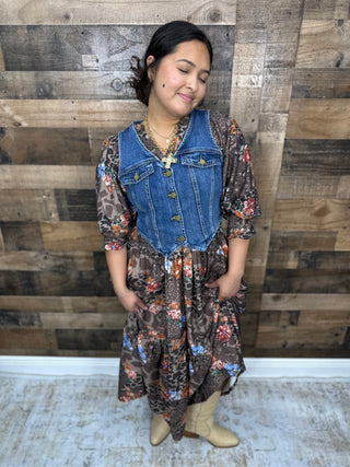 Umgee Brown Leopard Dress w/ Rusty Florals