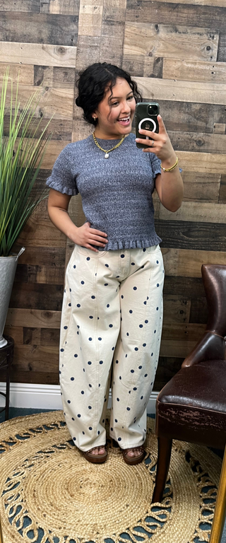 Listicle Midnight Blue Cable Knit Short Slv Ruffle Hem Sweater Top