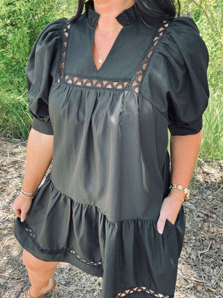 Entro Black Dress with Short Sleeves, Scallop Trim, and Pockets