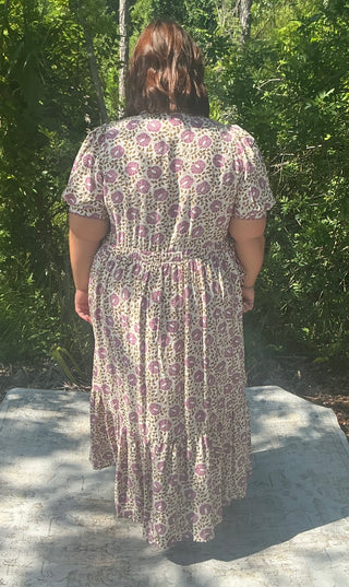 Orchid floral midi dress with button front and scallop trim, featuring a fitted bodice and flowing skirt