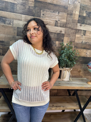 Staccato Ivory Open Weave Vertical Textured Stripe Top