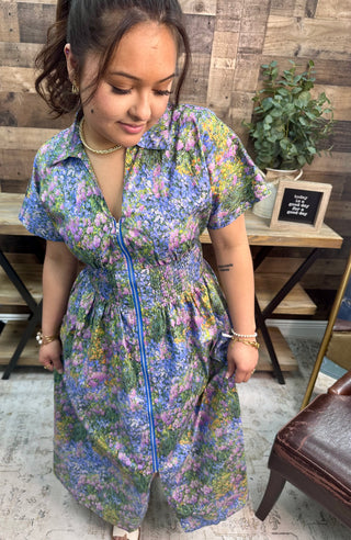 Entro Periwinkle Bloom Elastic Waist Zip Midi Dress