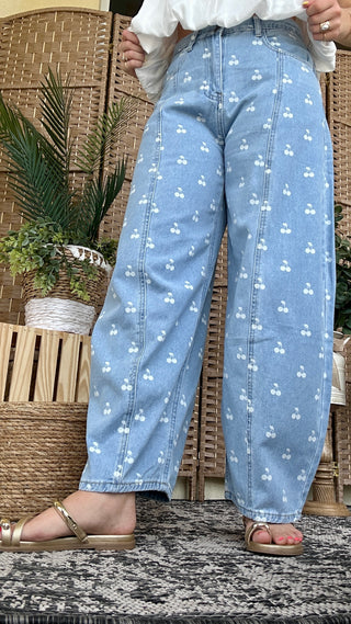 Peach Love Cherry Print Washed Denim Gypsy Fit Pants
