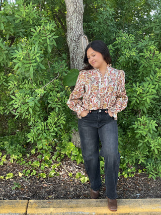 Entro Ecru & Honey Gold Paisley Long Slv Blouse Top