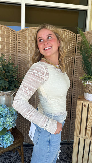 Alternate view of Cream Striped Lace Layer Top
