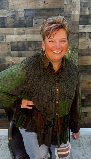 Vintage Boho Embroidered & Patchwork Tiered Top w/ Green Patchwork