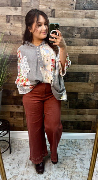 POL Heather Gray Half Placket Mixed Fabric Boxy Top Oversized