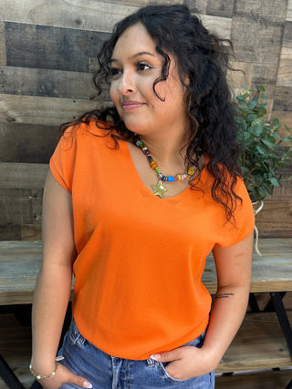 Like Love Orange Cap Slv V Neck Knit Top