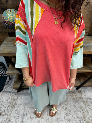 Alternate view of Easel RED Mineral Wash 3/4 Slv Multi Stripe Top
