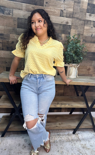 Alternate view of Staccato Yellow Ruffle V Neck Short Slv Top
