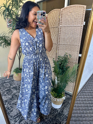 Alternate view of Walk the Line Blue Floral Jumpsuit
