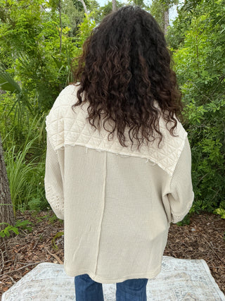POL Vintage Oatmeal Patchwork Long Slv V Neck Top