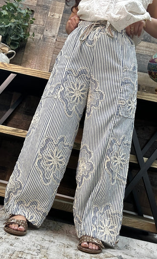 Easel Boho Embroidered Blue Stripe Wide Leg Jogger Pants