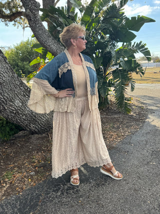 Young Threads Desert Dream Washed Denim & Lace Kimono Cardigan Top