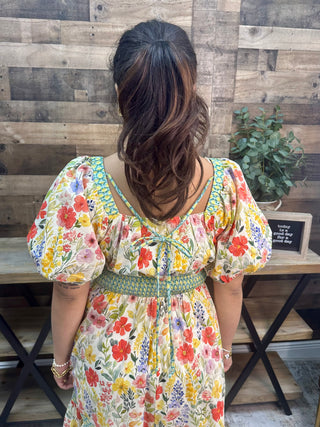 Alternate view of Jodifl Butter Yellow Floral Green Trim Peasant Midi Dress
